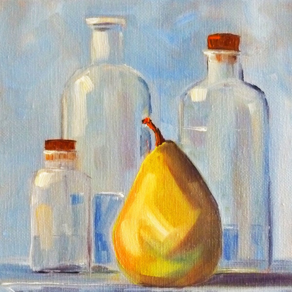 Still Life Oil Painting, Original 8x10 Canvas, Bottles, Fruit, Pear, Blue Yellow Wall Decor, Kitchen Art,  Small Contemporary Design