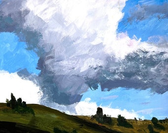 Original Landscape Painting, 9 x 12, One of a Kind, Small Art, Big Cloud, Western Sky