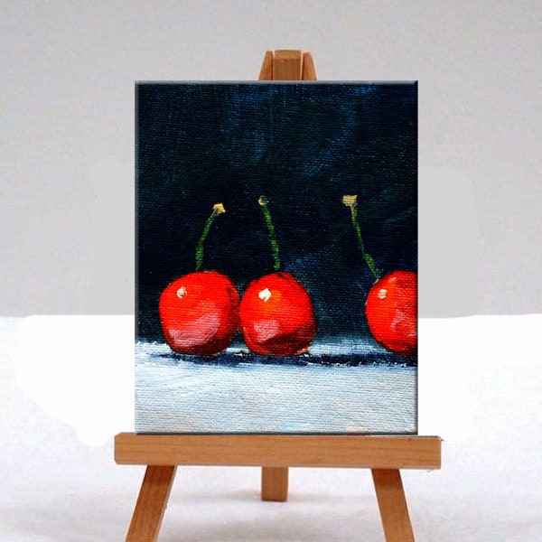 Cherries, Still Life, Oil Painting, Original, 4x5 Canvas, Red Fruit, Small, Kitchen, Wall Art, Decor