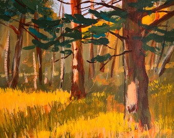 Original Landscape Painting, Evergreen Trees, Coastal Forest, Small One of a Kind, Collectable Wall Art, Hand Painted