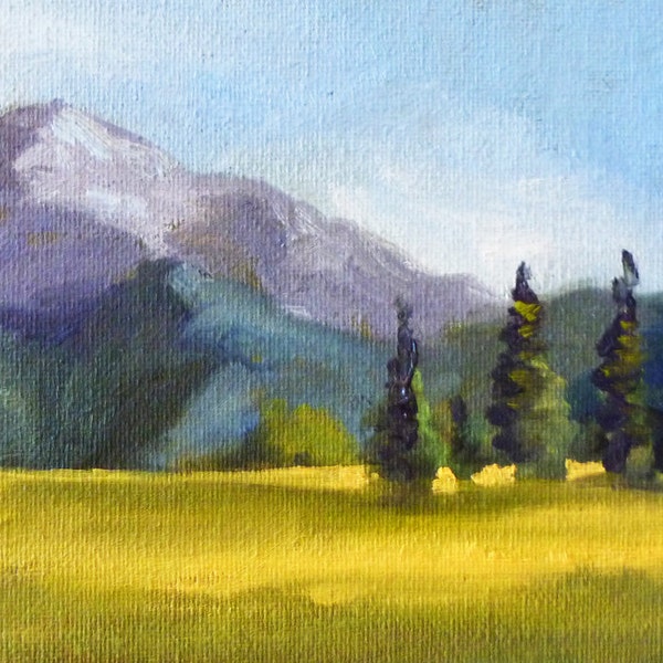 Montana Field Landscape Oil Painting, Original on Canvas, Small 5x7, Wall Decor, Mountain and Trees, Field