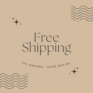 May include: Beige background with the text "Free Shipping" in black font. Below the text is "ON ORDERS OVER &pound;35.00". There are two black wavy lines in the top right and bottom left corners of the image. There are two small black stars in the top left and bottom right corners of the image.
