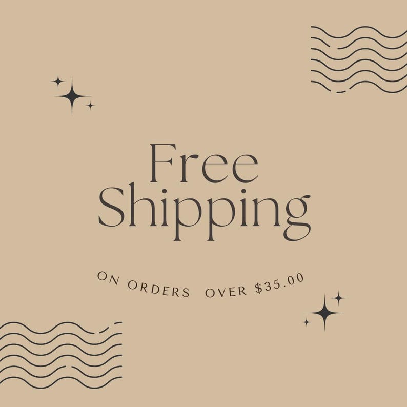 May include: Beige background with the text "Free Shipping" in black font. Below the text is "ON ORDERS OVER &pound;35.00". There are two black wavy lines in the top right and bottom left corners of the image. There are two small black stars in the top left and bottom right corners of the image.