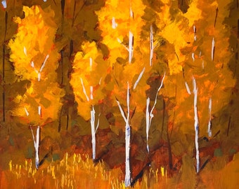 Autumn Wilderness Scene Landscape Painting, Small Original, One of a Kind Fall Foliage Artwork, Modern Impressionist Style Design, Warm