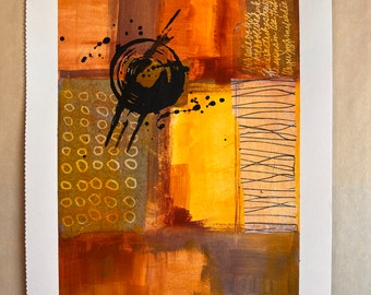 Small Abstract, Painted Collage, Warm Colors, Textures, Gold, Yellow, Brown, Modern Design