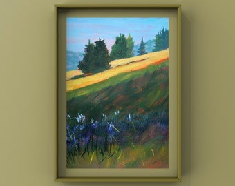 Rural Landscape Painting, Small Original One of a Kind, Rustic Western Hillside Art, Springtime Nature Artwork, Blue Sky Sunshine Design