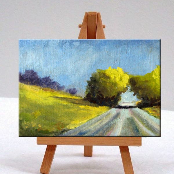Landscape, Oil Painting, Original, Country Road, Trees, Sky, Field, Small, 5x7 Canvas, Yellow, Green, Blue, Summer, Sunshine, Wall Decor