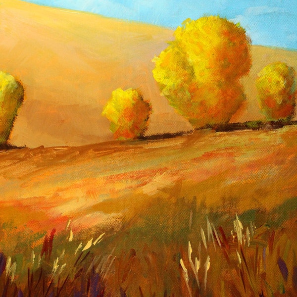 Original Landscape Painting, 11x14 Canvas, Acrylic Country Scene, Trees, Golden Field, Yellow, Brown Prairie Meadow, Autumn Fall Wall Decor