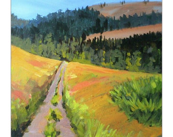 Hillside Country Road Art, Rural Countryside Trees Artwork, Forest Field Nature Landscape, Northwest Outdoors Trail Adventure Painting, Warm