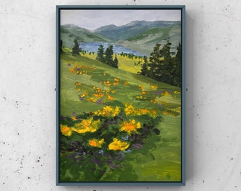 Alpine Landscape Painting, Mountain Field, Small One of a Kind Art, Springtime Wildflowers, Nature Artwork, Rural Meadow Wall Decor