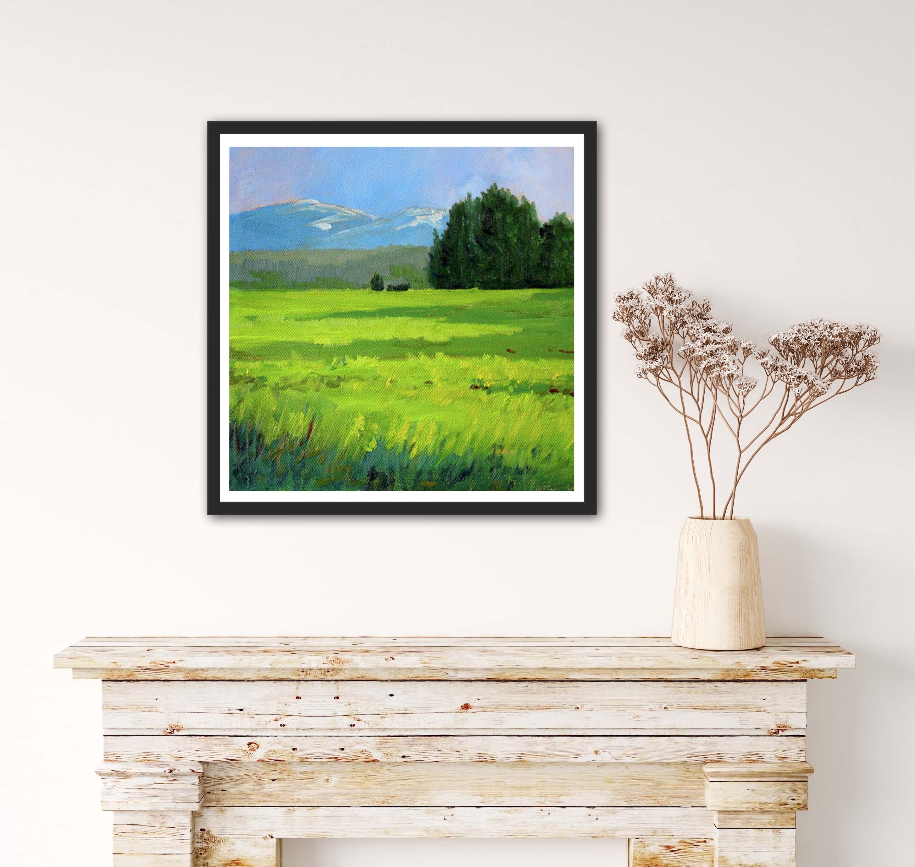 Oregon Meadow Rural Art, Grassy Field Mountains Painting, Trees Oregon Meadow Rural Art, Grassy Field Mountains Painting, Trees