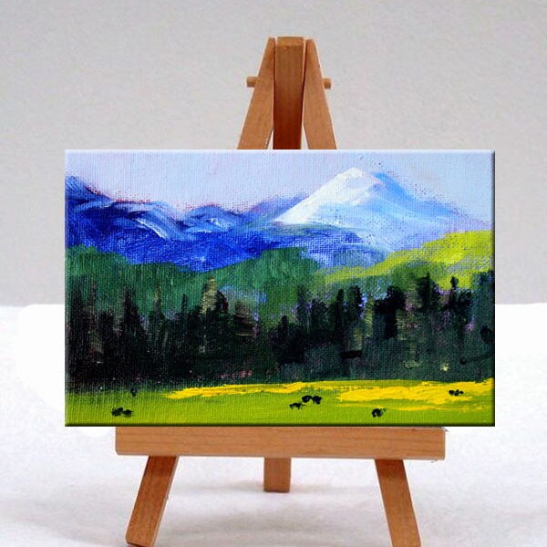 Mountain Pasture Landscape Oil Painting, Original 4x6 Miniature, Small Canvas, Blue Sky, Green Trees, Little Rural Country Scene