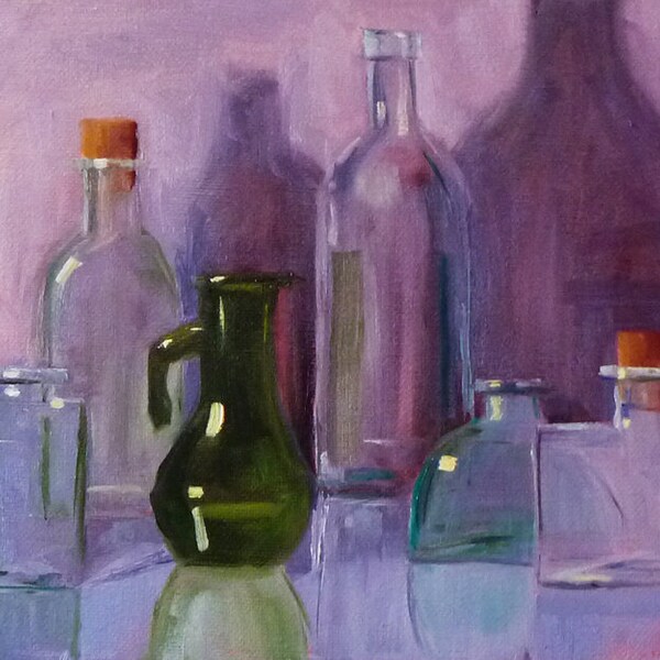 Still Life Original Painting, Bottle Collection, Green Glass, Small 8x10 on Canvas, Purple Shadows, Kitchen Art, Kitchen Decor, Wall Decor