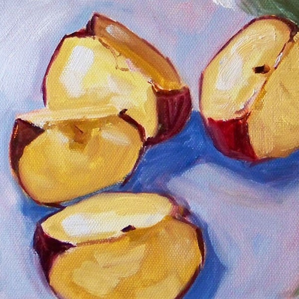 Original Still Life, Fruit Painting, Small, 6x8, on Canvas, Sliced Apple, Blue, Red, Yellow, Kitchen Art, Wall Decor, Kitchen Decor