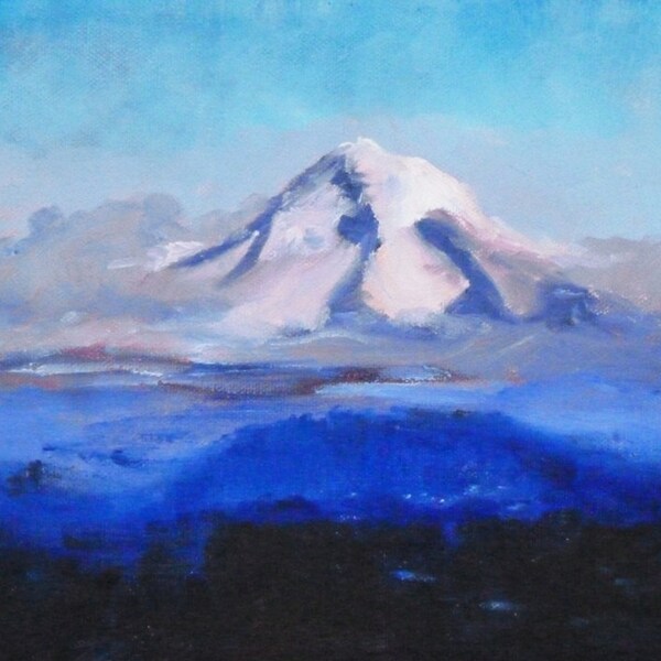 Mountain Landscape Painting, Original Oil on 8x10 Canvas, Small Northwest Scene, Blue, Purple, Oregon Snow Mist White, Violet Sky