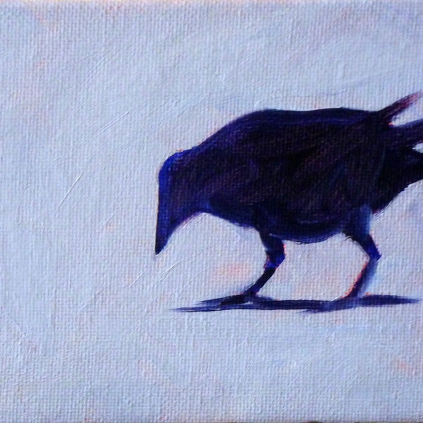 Raven Bird Painting, Original Miniature on Canvas, Crow Wildlife Silhouette, Small 4x5, Blue, Black Woodland, Minimalist Wall Decor