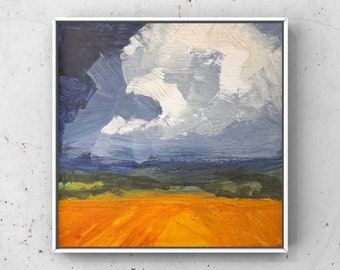 Rural Landscape Painting, Summer Fields, Big Cloud, Stormy Sky, Original One of a Kind Artwork, Art Lover Gift, Small Miniature Wall Decor