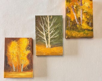 Miniature Oil Paintings, Original 4x6 Artwork on stretched Canvas, One of a Kind Art Gift, Autumn Trees