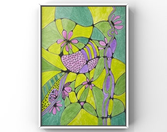 Abstract Original Watercolor and Ink Painting, Lavender and Green Wall Decor, Modern Design Bold Colorful, Contemporary Organic Shapes
