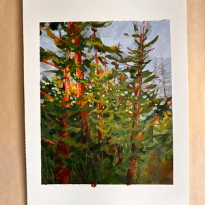 May include: A painting depicting a forest scene with tall, slender trees in shades of green and brown. The trees are clustered together, creating a sense of depth and mystery. The sky is a light grey, with hints of blue peeking through the branches.