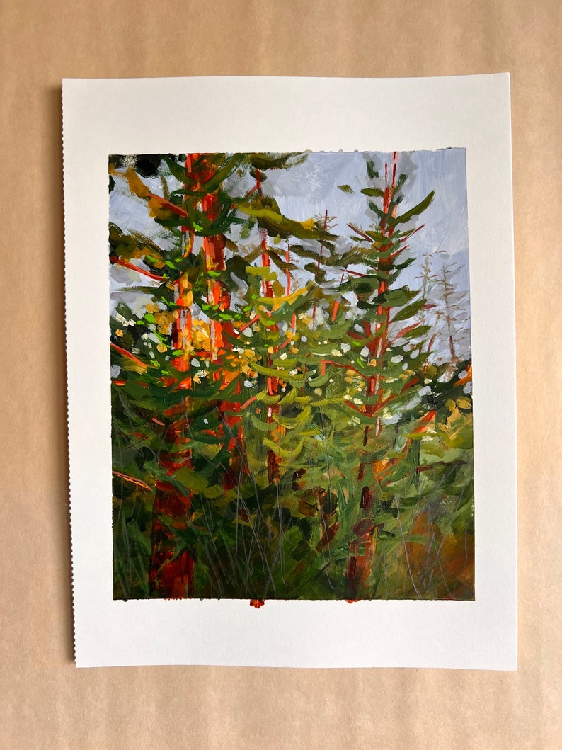 May include: A painting depicting a forest scene with tall, slender trees in shades of green and brown. The trees are clustered together, creating a sense of depth and mystery. The sky is a light grey, with hints of blue peeking through the branches.