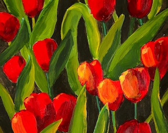 Original Floral Painting, Small One of a Kind, Garden Flowers Artwork, Red Tulips Colorful Blooms, Modern Design, Springtime Wall Decor