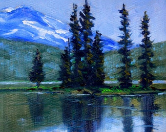 Oregon Mountain Lake Art, Evergreen Trees Forest Landscape, Woodland Hills Oil Painting, Outdoors Nature Artwork Print, Reflection Wall Deco