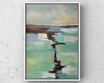 Small Abstract Seascape Painting, Original Artwork, One of a Kind Home Decor, Marine Coastal Scene, Cool Colors Contemporary Style, Mini Art