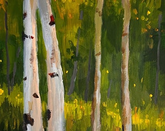 Birch Trees Forest Landscape Painting, Small Summer Scene Original, One of a Kind Artwork, Nature Art Design Wall Decor, Collectible Art