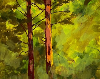 Forest Trees Nature Landscape, Evergreen Pine Woodland Painting, Nortwest Adventure Artwork, Rustic Foliage Impressionist Art, Original
