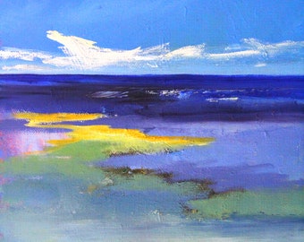 Blue Sky Beach Painting, Seascape Canvas Print, Ocean View Artwork, Semi Abstract Wall Decor, Bright Marine Art, Original Landscape Scene