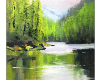 Evergreen Mountain River Painting, Cascades Forest Woodlands Art, Beautiful Water Reflection Print, Northwest Impressionist Artwork, Western