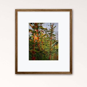 May include: A painting depicting a forest scene with tall, green trees. The trees are painted in a loose, impressionistic style, with visible brushstrokes. The background is a soft, hazy blue.