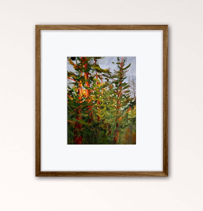 May include: A painting depicting a forest scene with tall, green trees. The trees are painted in a loose, impressionistic style, with visible brushstrokes. The background is a soft, hazy blue.
