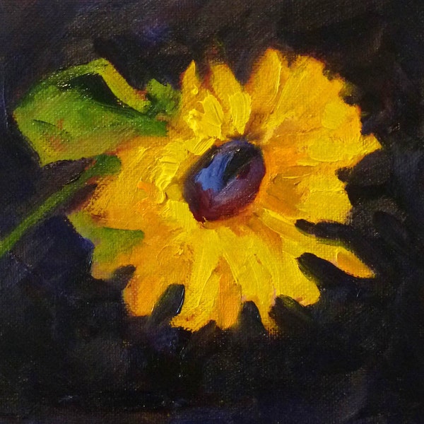 Sunflower Oil Painting, Still Life, Original Floral Painting, Flower in Yellow and Purple, 6x6 on Canvas, Wall Decor, Square Format