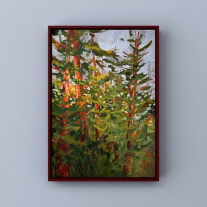 May include: A painting depicting a forest scene with tall, slender trees in shades of green, orange, and red. The trees are densely packed together, creating a sense of depth and mystery. The sky is a soft grey, and the light is dappled and filtered through the leaves.