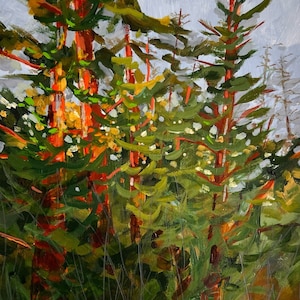 May include: A painting depicting a forest scene with tall, reddish-brown trees and green foliage. The trees are painted in a loose, expressive style, with visible brushstrokes. The background is a soft, muted grey.