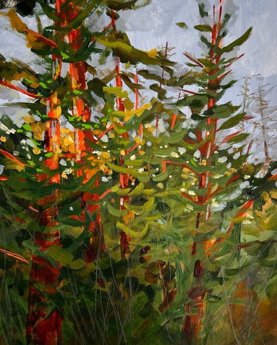 Cedar Trees Wall Decor, Forest Landscape Painting, Small One of a Kind Original, Woodland Nature Art, Evergreen Foliage Design Artwork