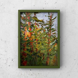May include: A painting depicting a forest scene with tall trees in shades of green and brown. The trees are densely packed together, creating a sense of depth and mystery. The painting is executed in a loose, impressionistic style, with visible brushstrokes.