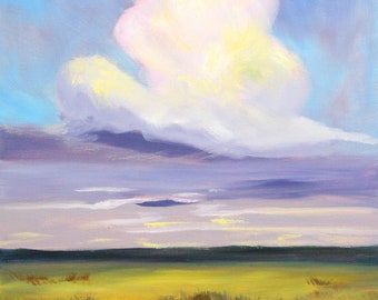 Prairie Cloud Landscape Painting, Lavender Skyline Canvas Art Print, Blue Sky Meadow Scene Wall Decor, Oil Painting Original Artwork