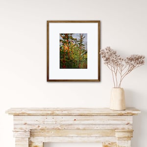 May include: A framed painting depicting a forest scene with tall, green trees. The trees are painted in a stylised, abstract manner with hints of orange and red.