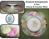 Vintage 2 Tiered Porcelain RS Reinhold Schlegelmilch Cheese Crackers, Fruit, Tea Cakes Serving Plate w Hand painted Roses, Hydrangeas