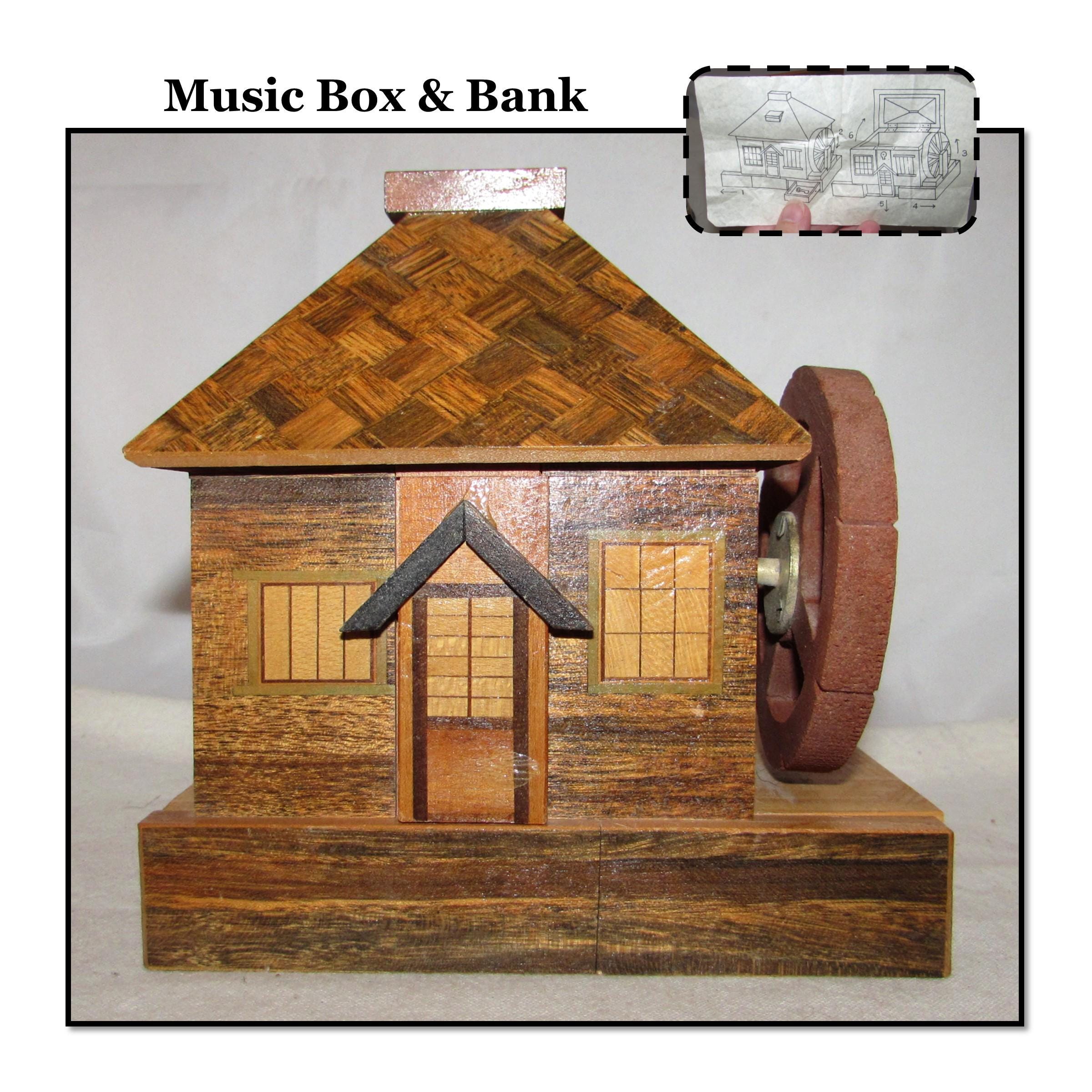 Vintage 1959 Wooden Japanese Music Mystery Box Bank House With Key