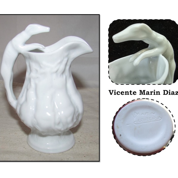 Vintage White Spanish Porcelain Cream Pitcher with Dog Handle, Fox Hunt by Vicente Marin Diaz, Cebreros