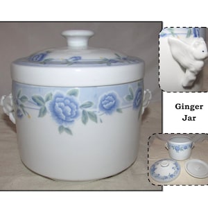 Vintage Large White Porcelain Ginger Jar with 2 Lids, Blue Flowers & Bat Handles