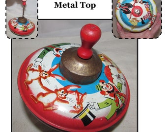 Vintage Tin Spinning Toy Top with Clowns & Bunny Rabbits by J Chein