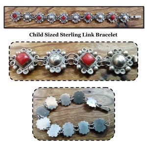 Vintage Mexico 925 RMM Sterling Silver Childs Link Bracelet with Red Coral w/ Hook Closure