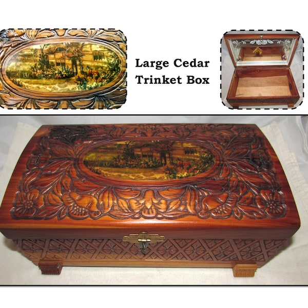 Large Vintage Carved Cedar Wood Trinket Box with Medallion of a Country Scene and Mirror, Horse