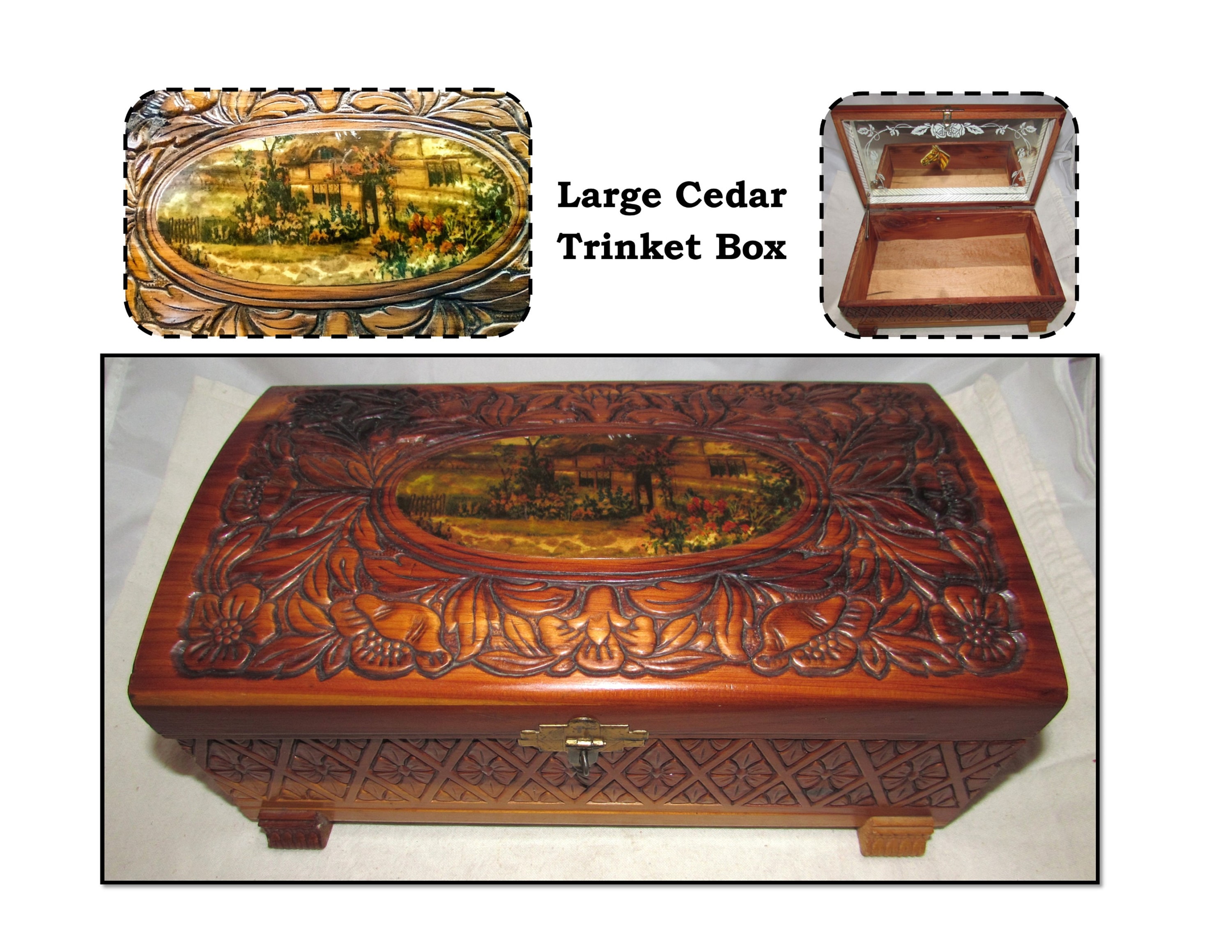 硯 天然石 中国 伝統工芸 当時物 アンティーク ケース付き Large Vintage Carved Cedar Wood Trinket Box With Medallion