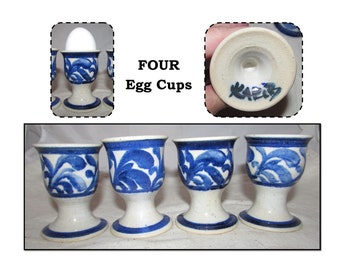 4 - Vintage Handmade Pottery Egg Cups, Blue & White Pattern by Karib